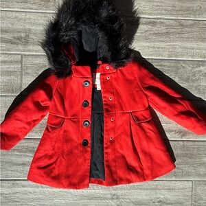 Cat & Jack Red Pea Coat with Black Faux Fur Trim